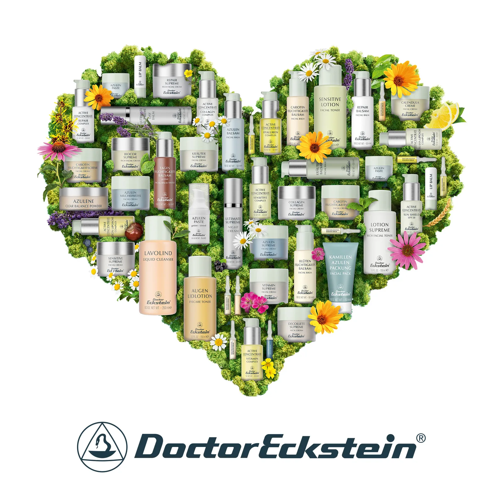 The Doctor Eckstein range arranged as a heart on moss, with chamomile, calendula and echinacea